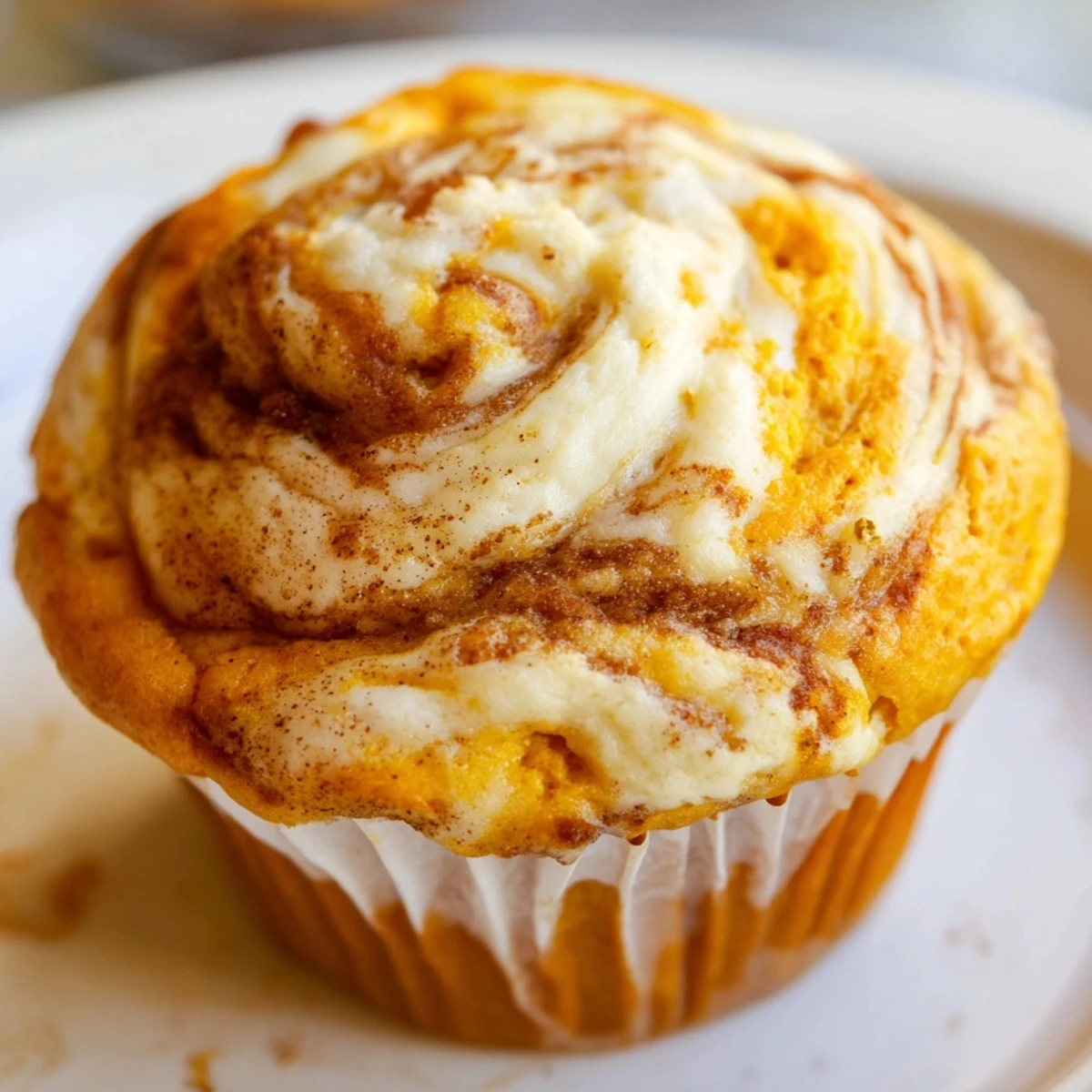 Warm chai pumpkin cheesecake muffins showcasing a tender crumb and creamy swirled center
