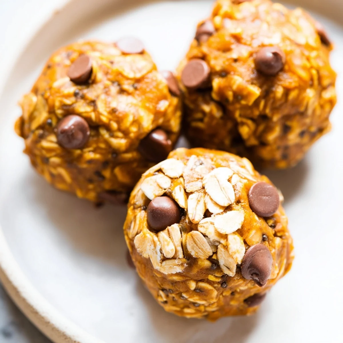 Chewy no bake pumpkin protein balls coated in oats beside a mixing bowl