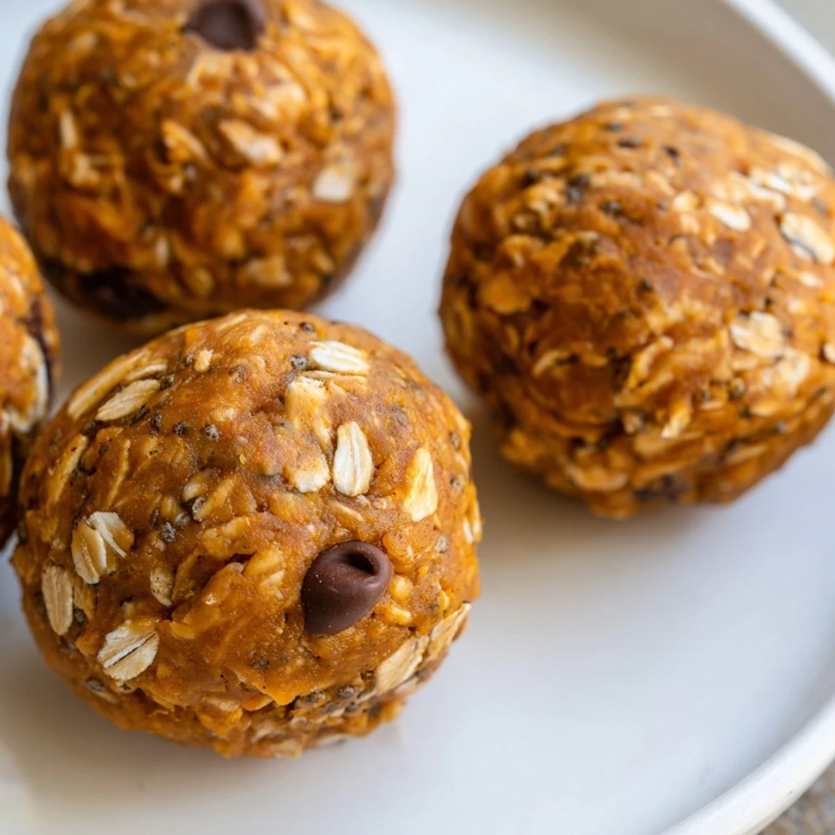 Golden no bake pumpkin protein balls stacked on parchment with warm spice aromas