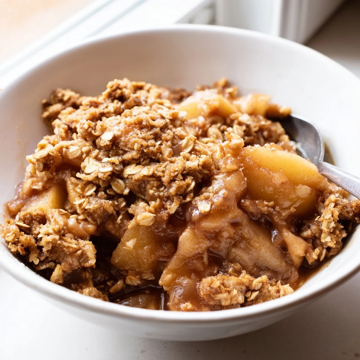 Golden Crockpot Apple Crisp with bubbly cinnamon apples and a buttery oat topping served warm