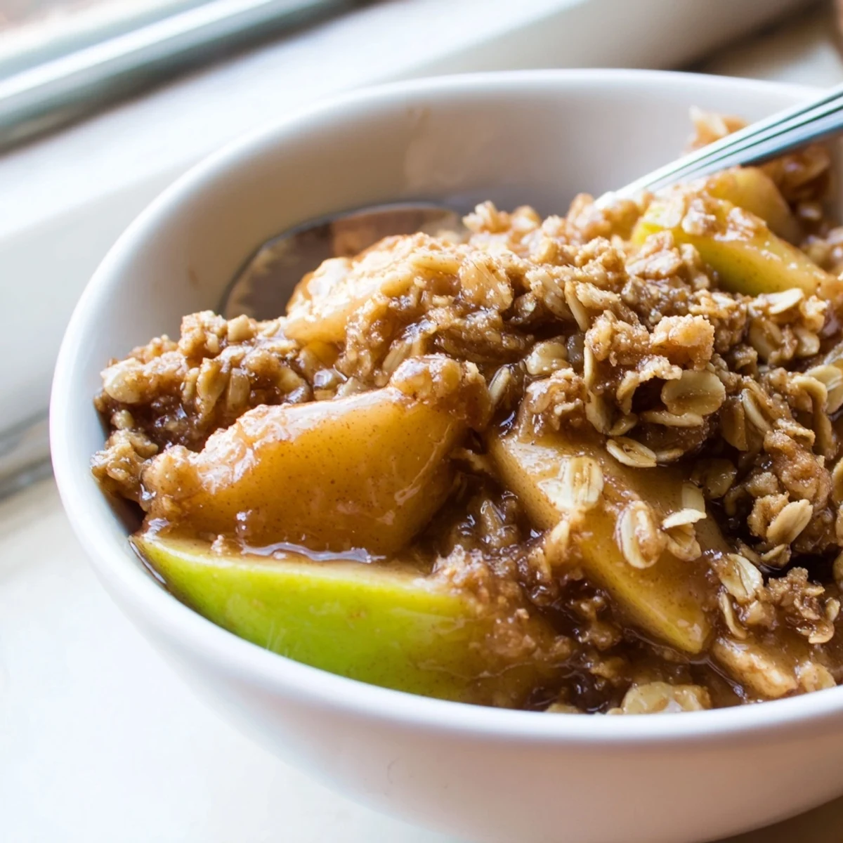 Steaming Crockpot Apple Crisp showcasing tender spiced apples beneath a crunchy brown sugar crust