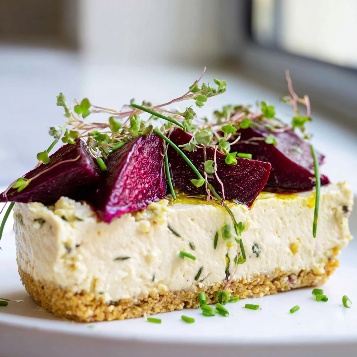 Creamy savoury cheesecake with roasted beetroot garnished with fresh herbs and microgreens