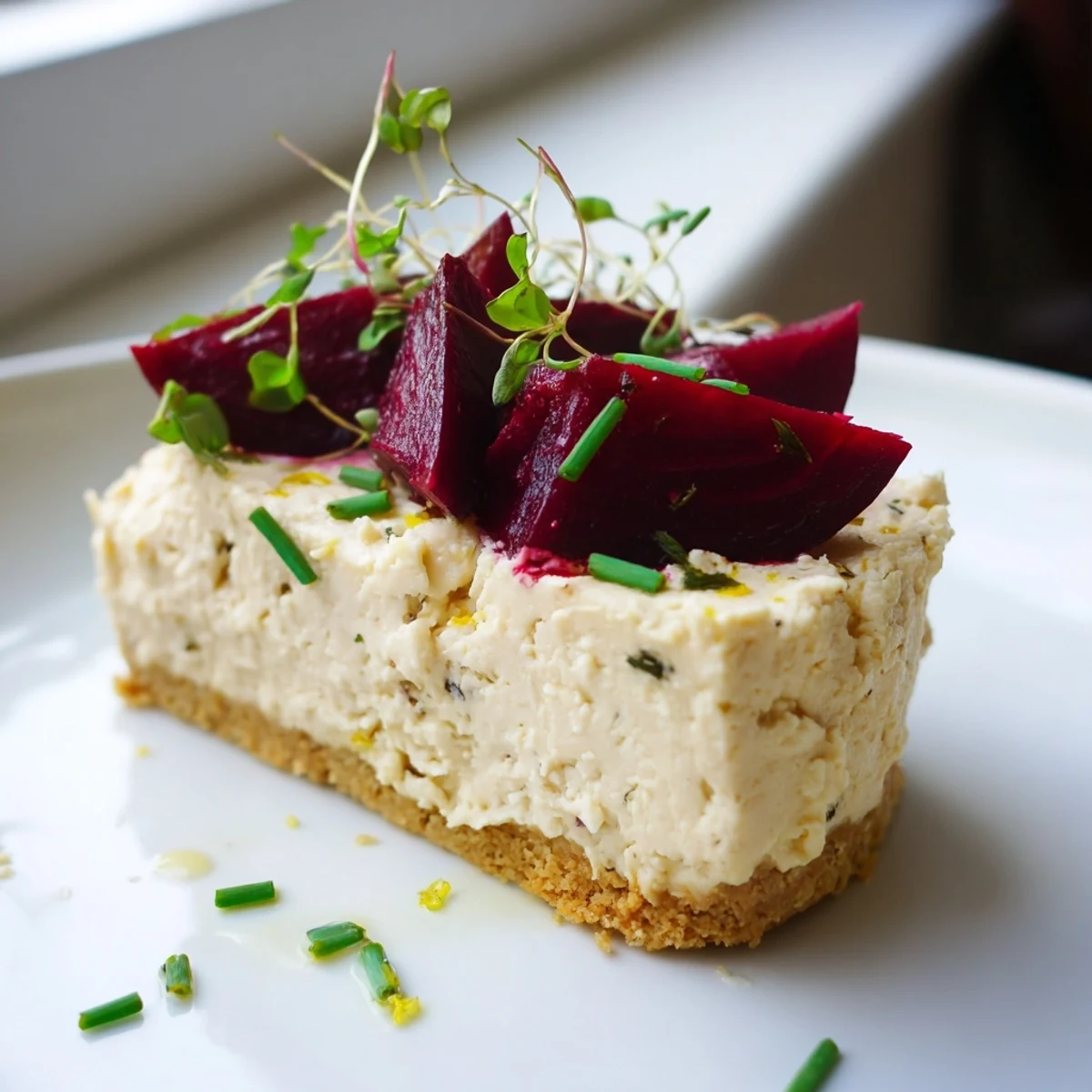 Savoury cheesecake topped with caramelized roasted beetroot wedges on a golden cracker crust