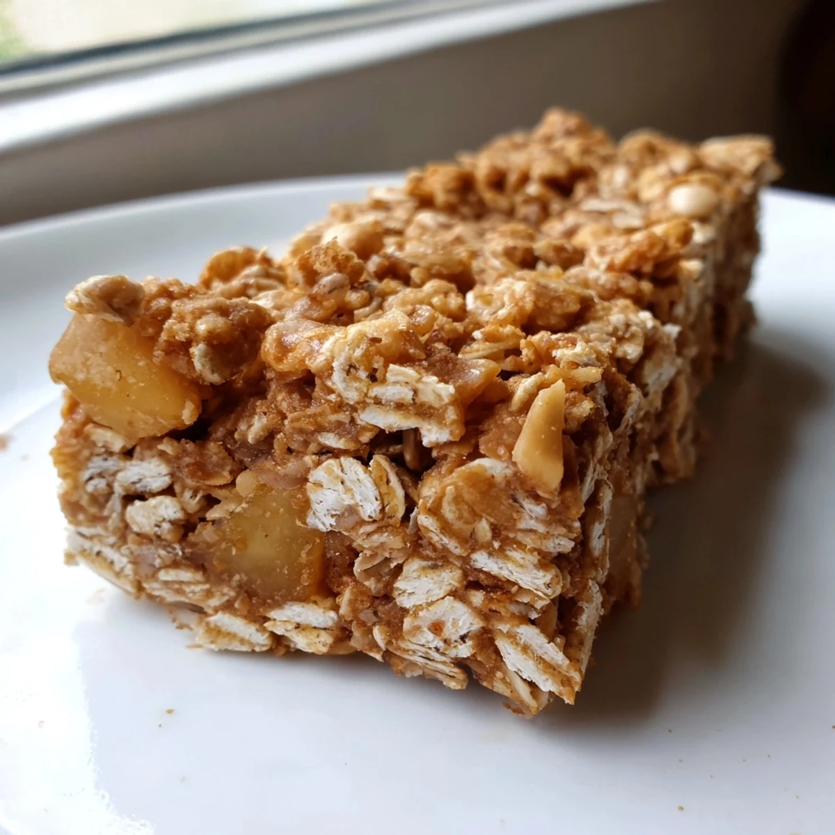 Chewy no bake apple peanut butter granola bars topped with visible oats and dried apple pieces