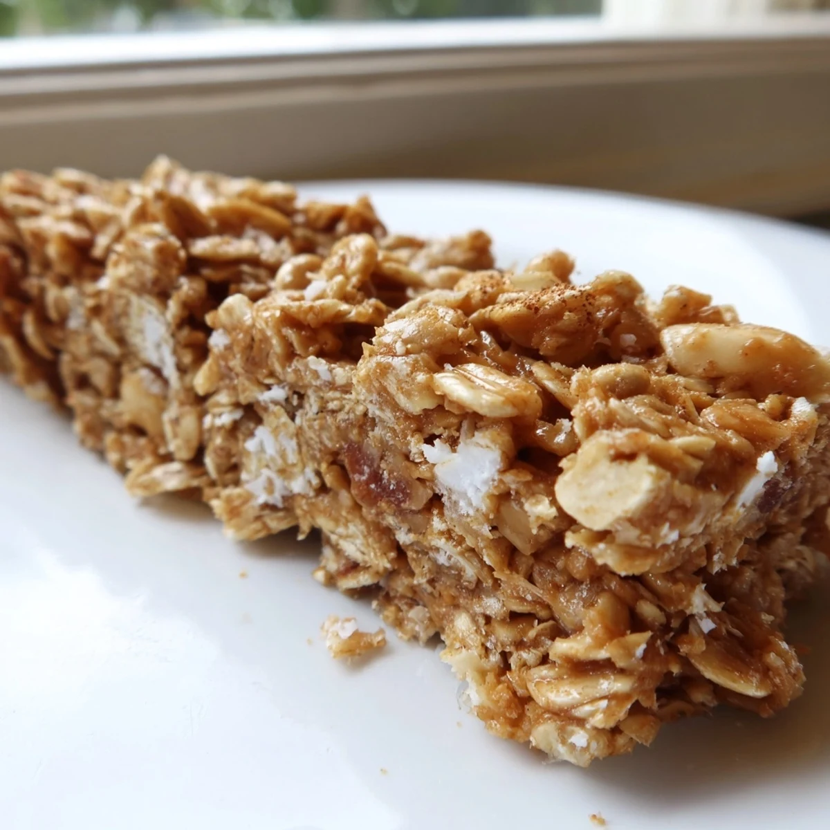 Golden no bake apple peanut butter granola bars sliced and arranged on a rustic cutting board