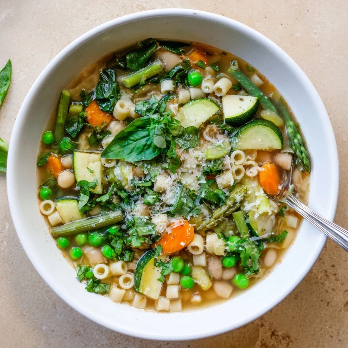 Steaming bowl of spring minestrone soup recipe with tender pasta and bright green vegetables.