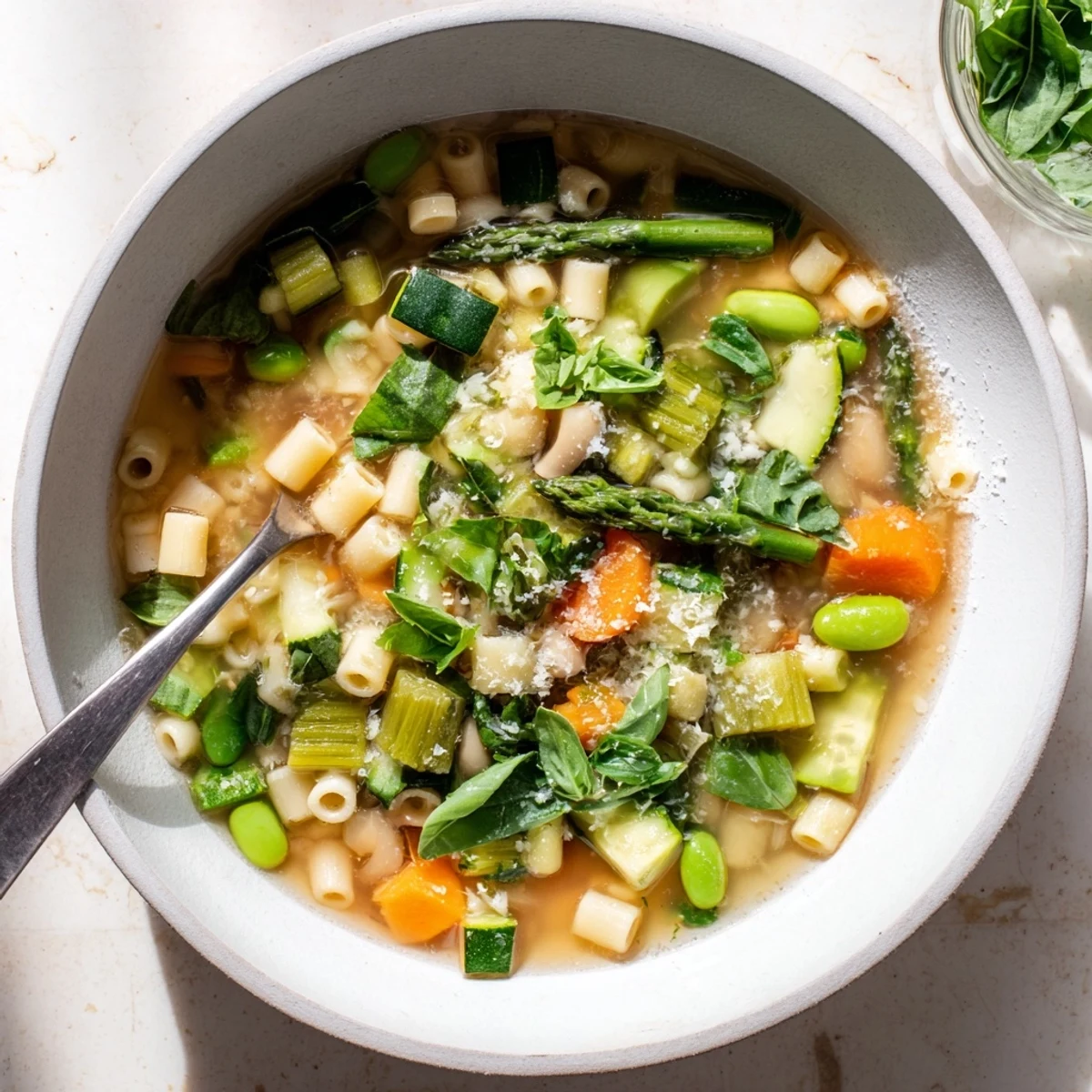 Colorful spring minestrone soup recipe ladled into a rustic bowl alongside crusty bread.