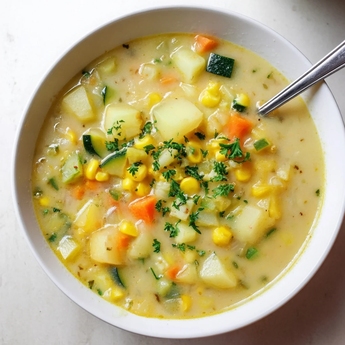 Steaming bowl of hearty potato corn zucchini soup garnished with fresh parsley.