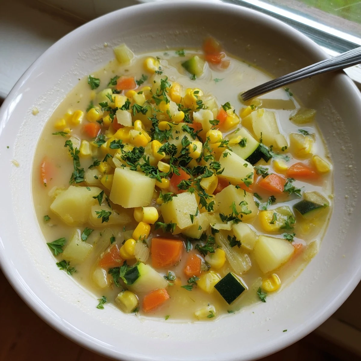 Golden corn and tender diced potatoes in a creamy vegetarian soup bowl.