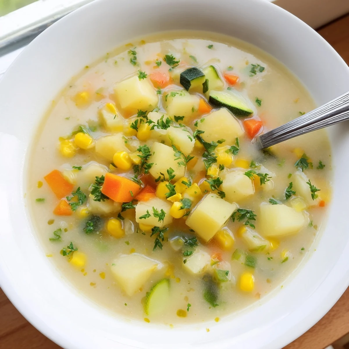 Thick hearty potato corn zucchini soup served hot with a rustic bread slice.