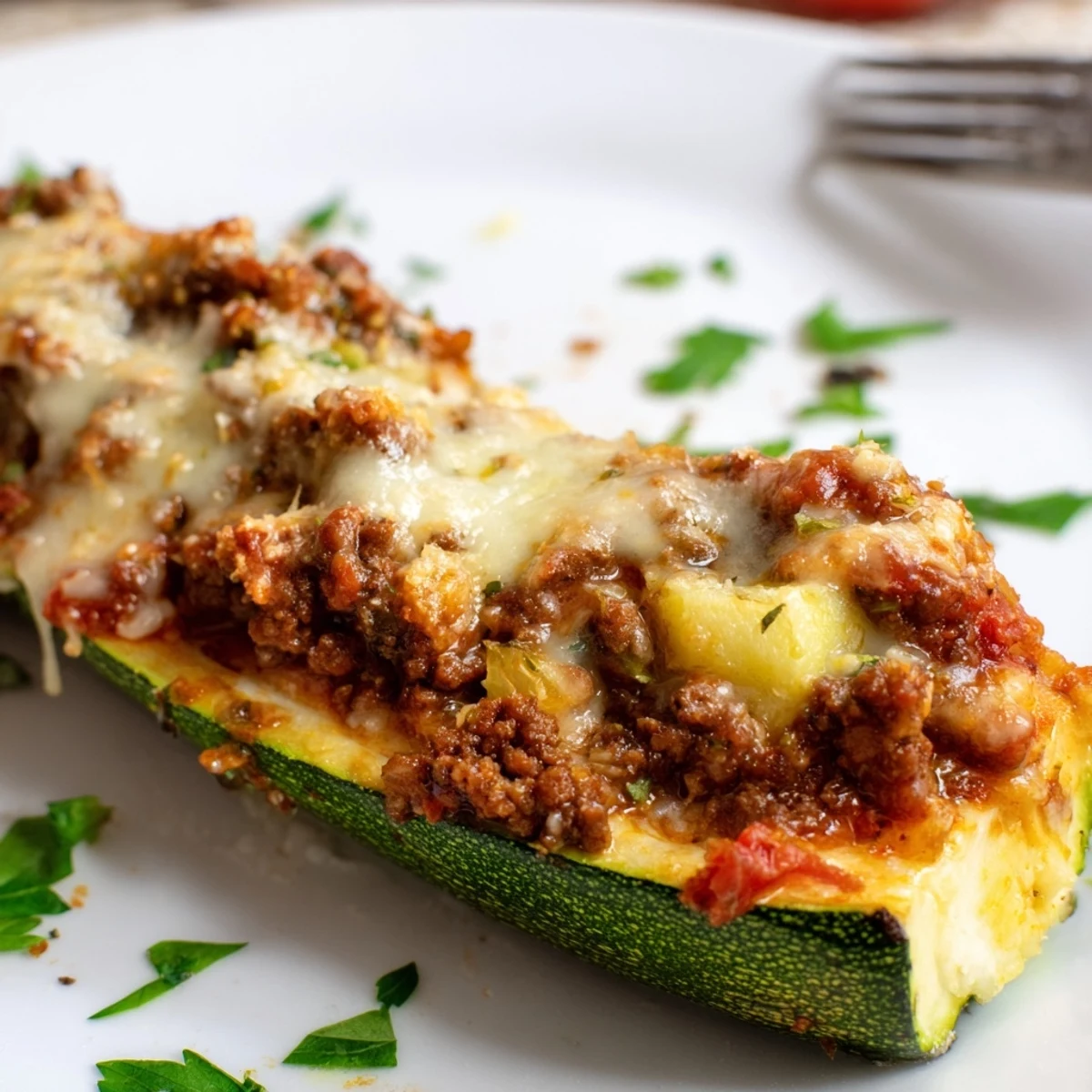 Golden baked stuffed zucchini boats with ground beef and melted mozzarella cheese