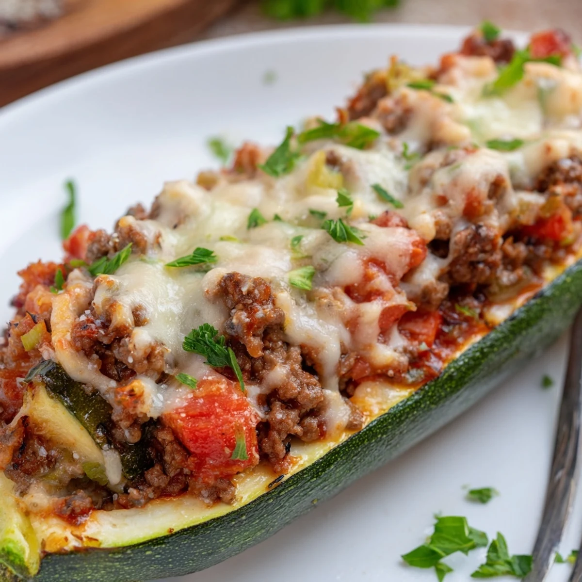 Savory ground beef stuffed zucchini boats served hot from the oven with crispy cheese