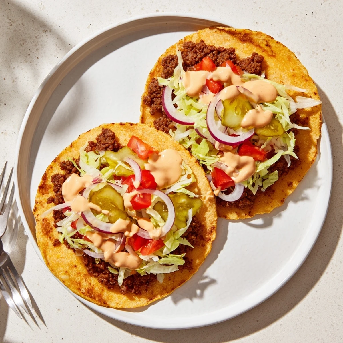 Crispy smash burger tacos recipe with melted cheddar on warm golden flour tortillas