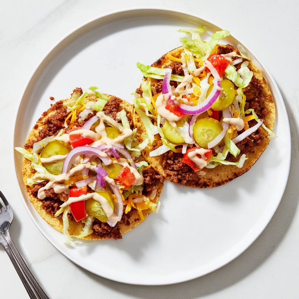 Smash burger tacos recipe served hot with crunchy dill pickles and shredded cheese