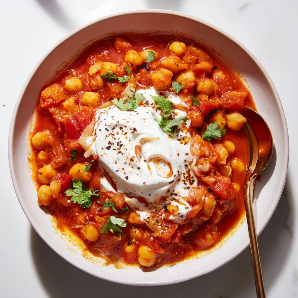 Hearty Greek Yogurt Chickpea Curry spoonful served beside fluffy basmati rice
