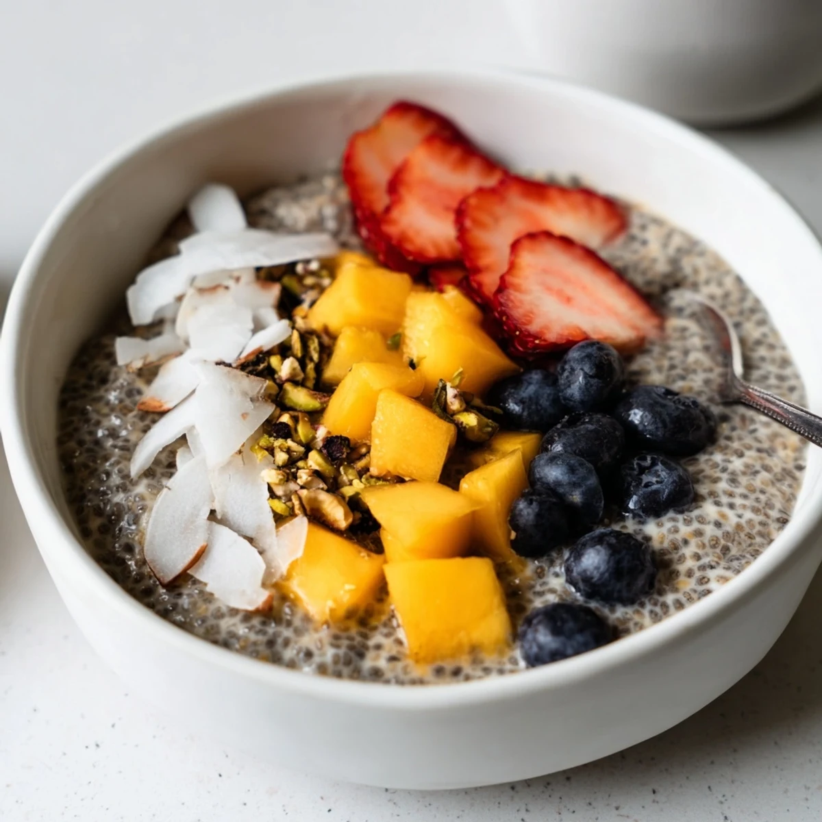 Creamy Coconut Chia Pudding chilled overnight, garnished with berries and almonds