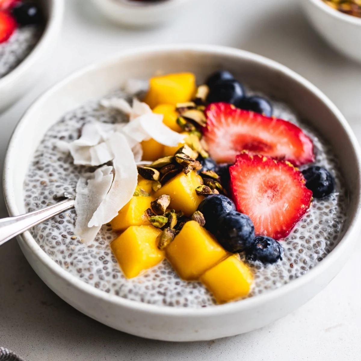 Glass jar of Coconut Chia Pudding topped with mango and coconut flakes