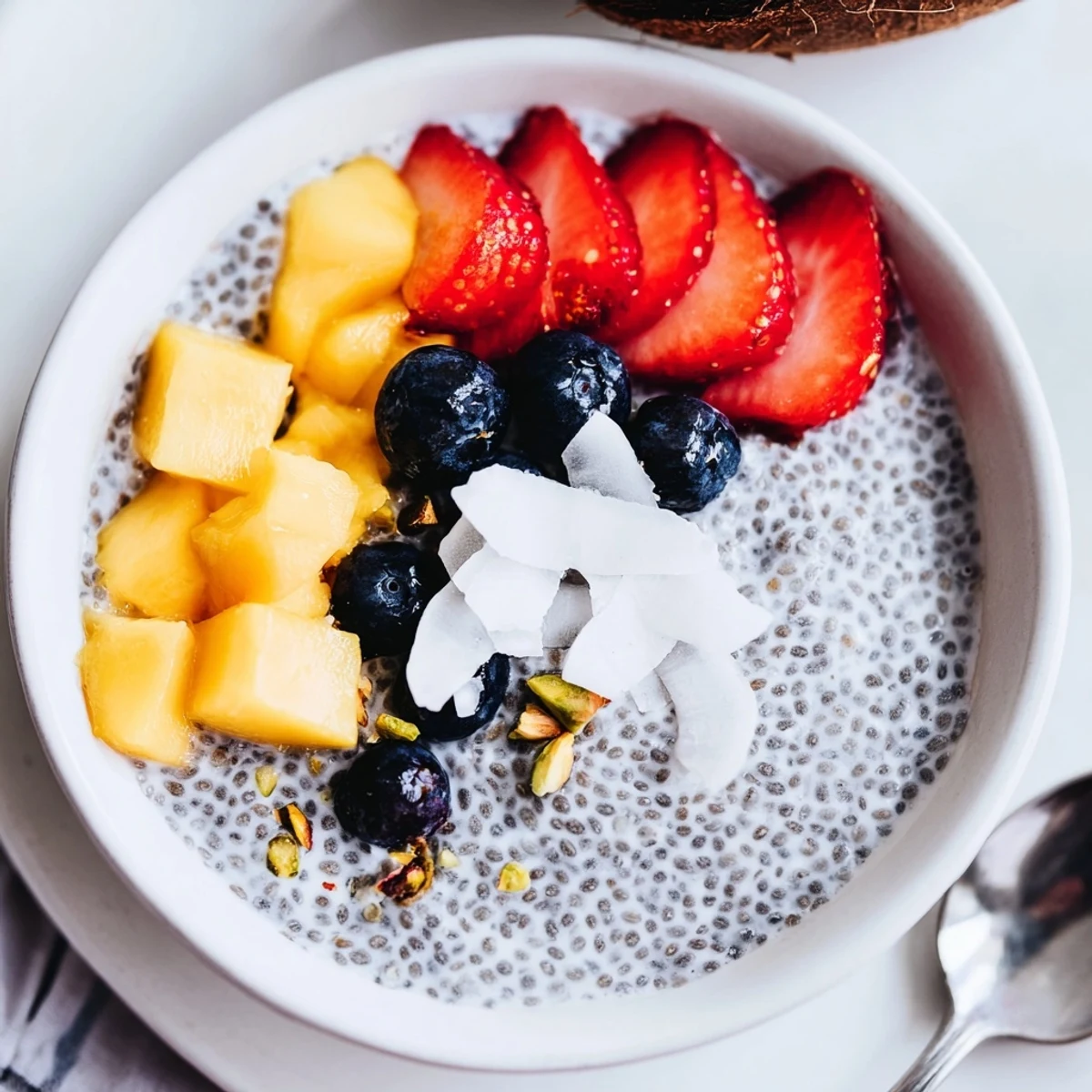 Coconut Chia Pudding spoonful over granola, chilled and creamy for breakfast