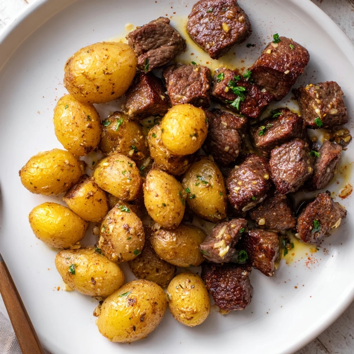 Garlic Steak Bites and Potatoes sizzling in a buttery skillet, golden crusts.