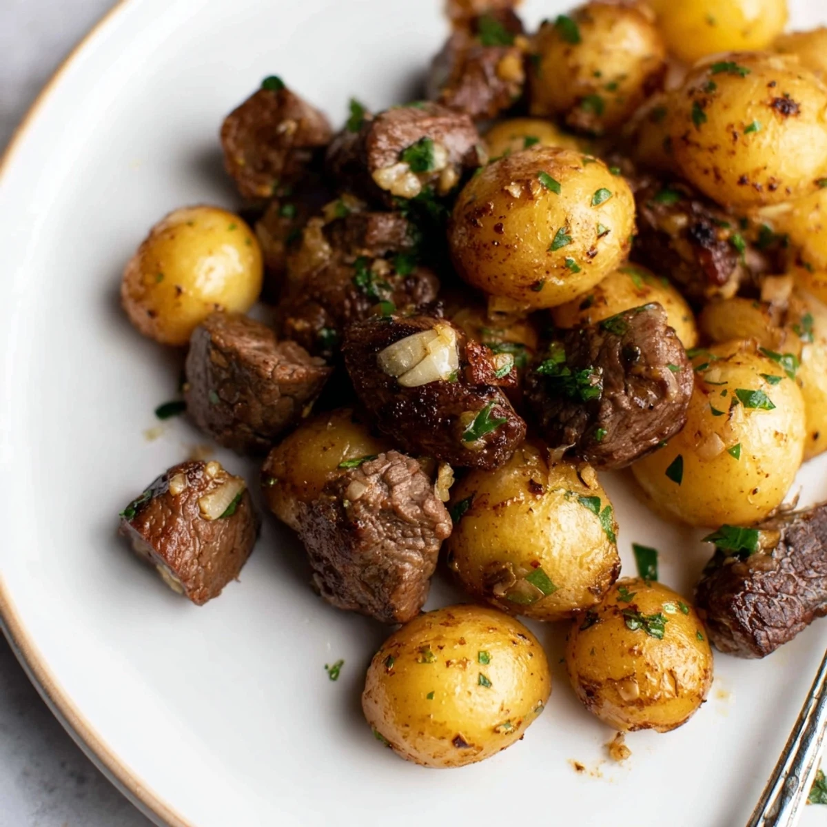 Plate of Garlic Steak Bites and Potatoes topped with parsley, steaming hot.