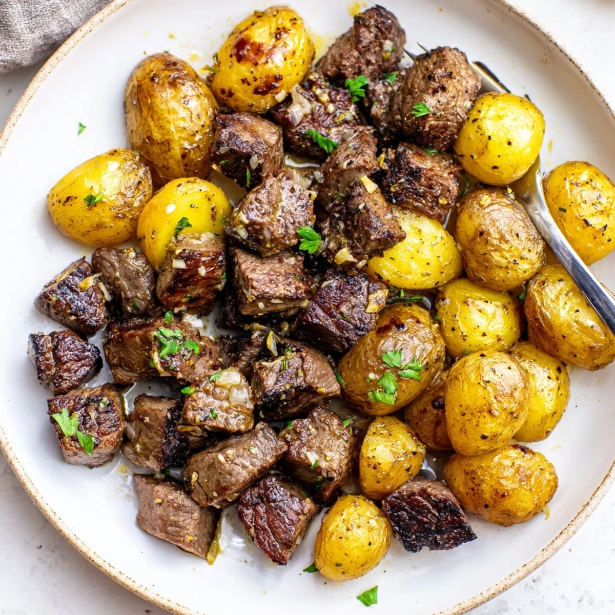 Weeknight Garlic Steak Bites and Potatoes tossed in garlic butter, ready to serve.