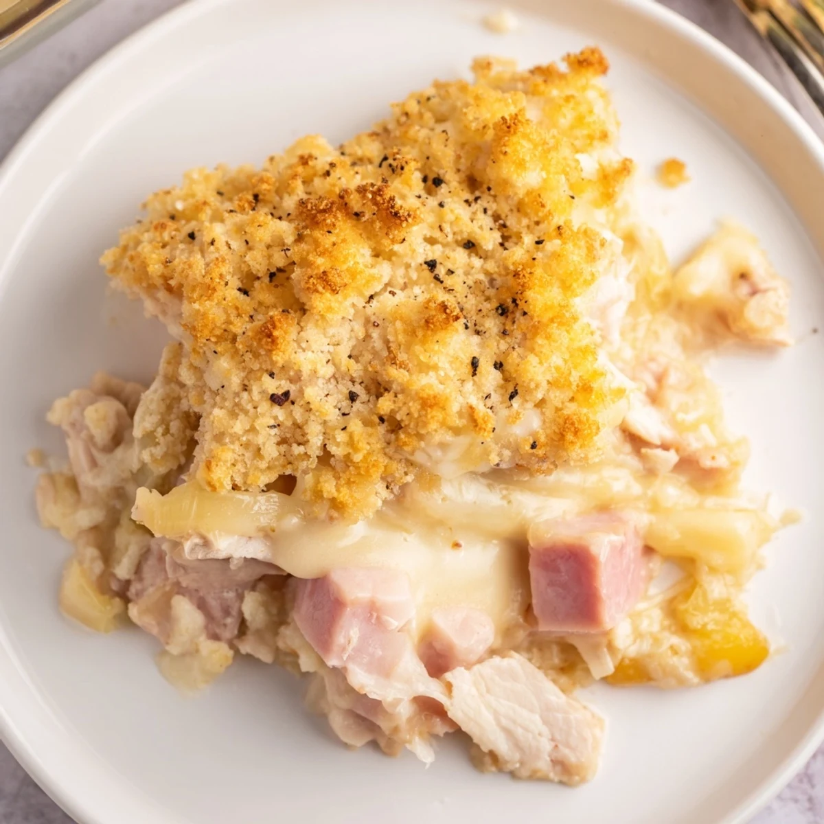 Creamy Dijon sauce envelopes shredded chicken in this Chicken Cordon Bleu Casserole Recipe