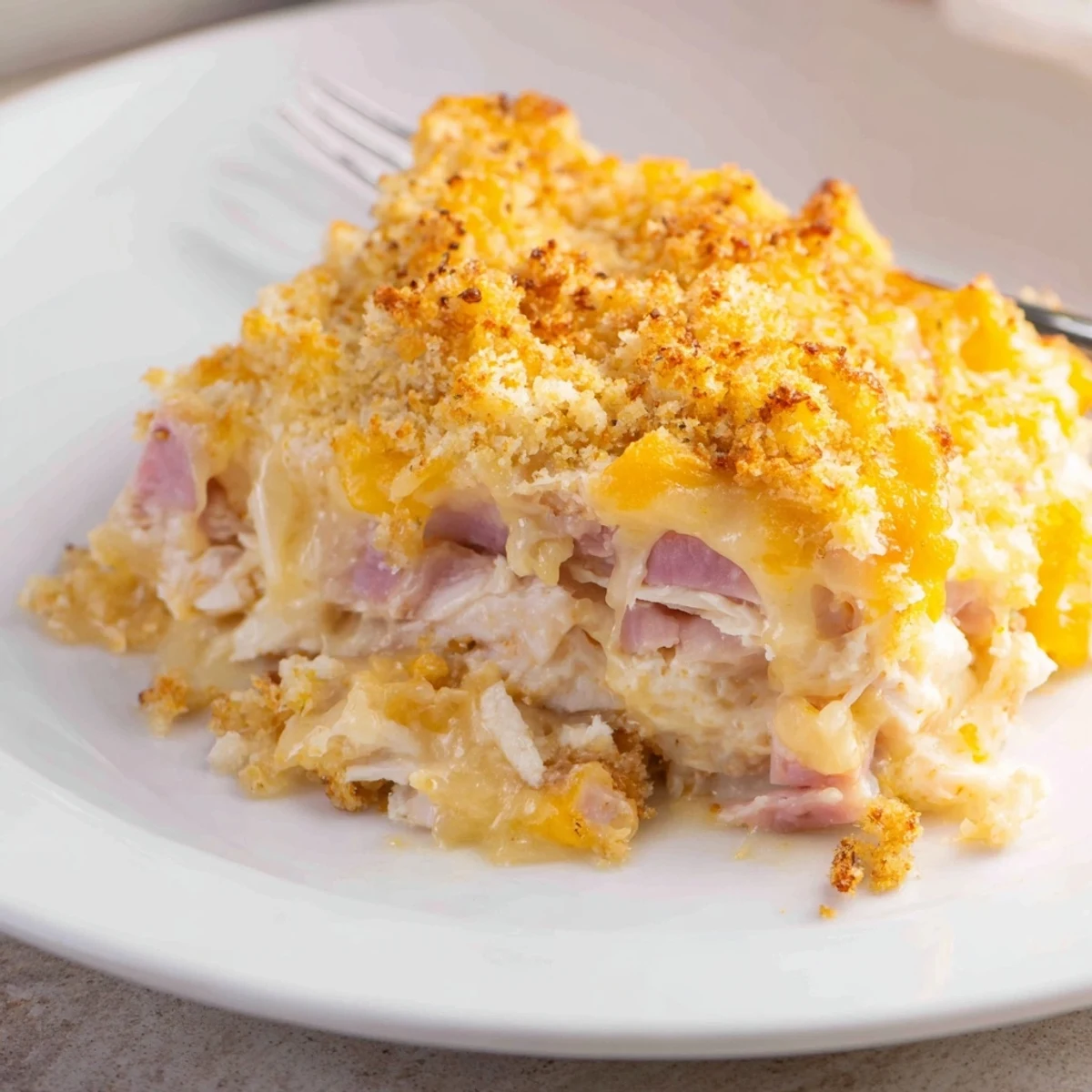 Golden bubbling Chicken Cordon Bleu Casserole Recipe topped with crispy Parmesan and Panko