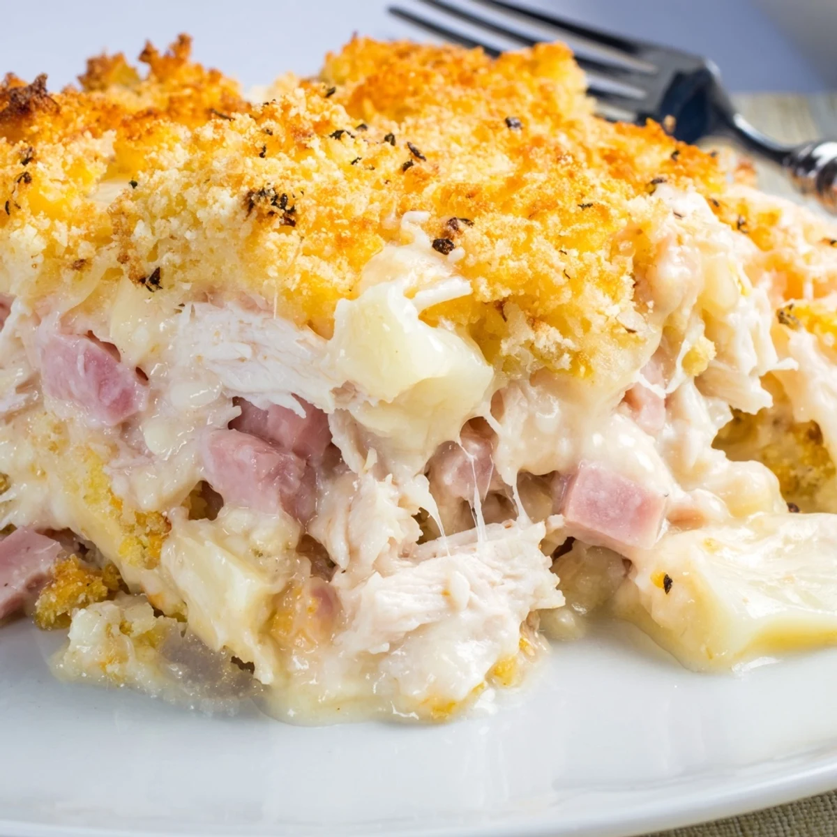 Hearty slices of Chicken Cordon Bleu Casserole Recipe served with crisp green salad