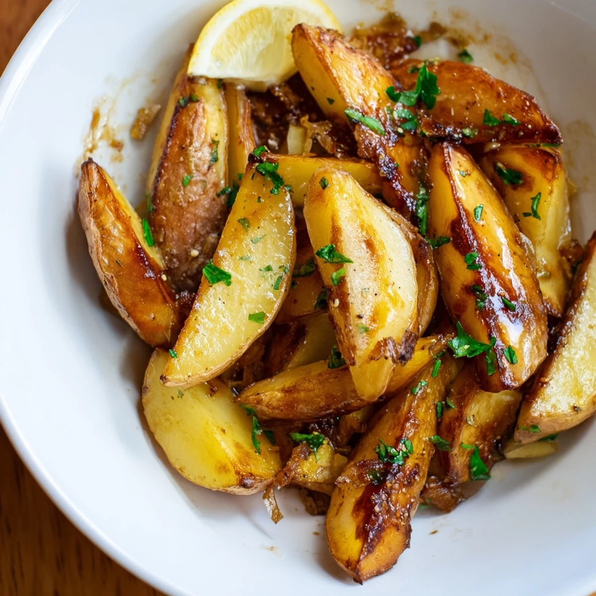 Serving suggestion: Authentic Greek Lemon Potatoes Recipe steaming beside grilled lamb