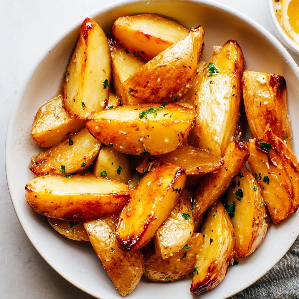 Bright, herb-sprinkled Authentic Greek Lemon Potatoes Recipe, tender inside, lemony juices pooling