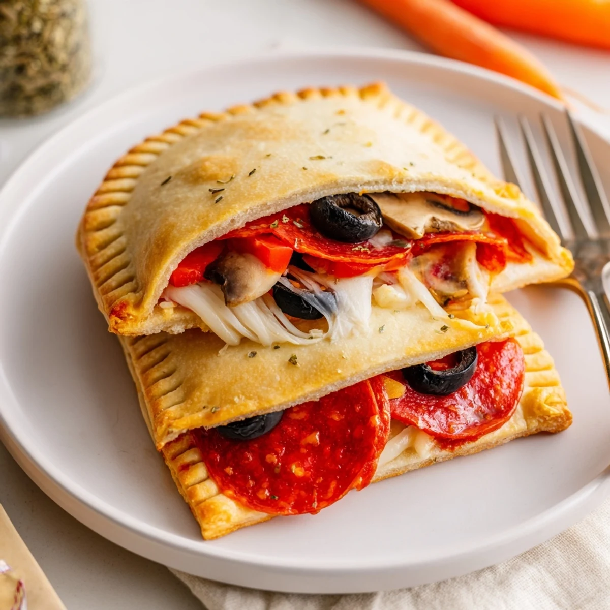 Butter-brushed Pie Iron Pizza Pockets oozing mozzarella and zesty pizza sauce