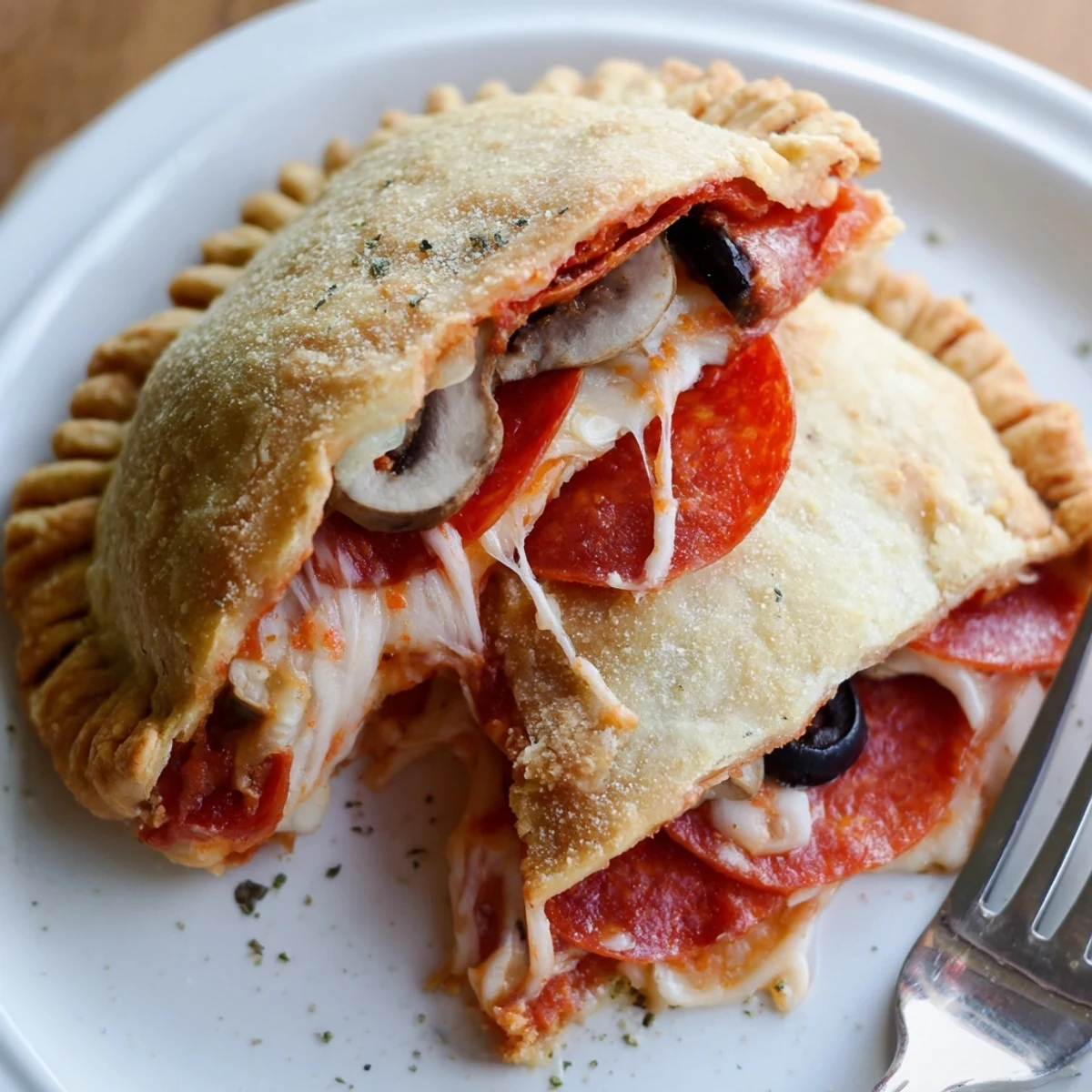 Sliced Pie Iron Pizza Pockets revealing steaming cheese, herbs, served with lemonade