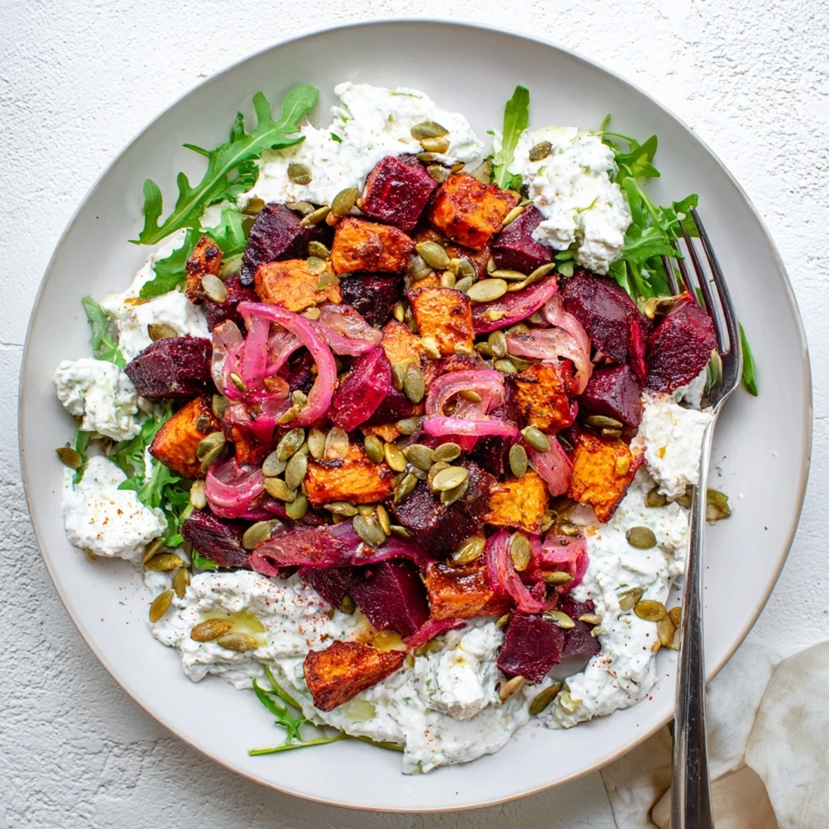 Creamy Roasted Beet Salad With Sweet Potato Feta, drizzled with lemony yogurt dressing.