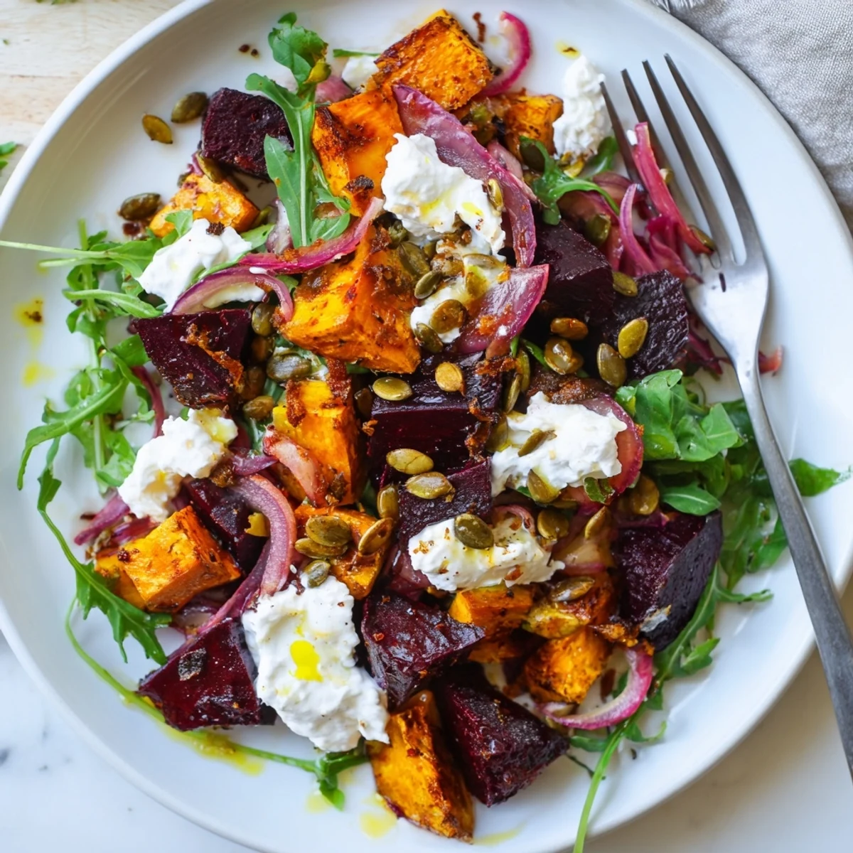 Creamy Roasted Beet Salad With Sweet Potato Feta, roasted beets and creamy yogurt dressing.