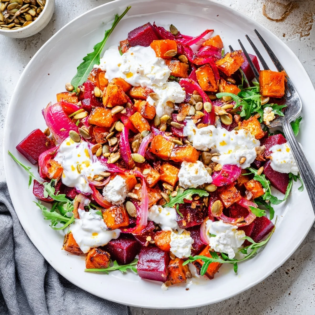 Tossed with herbs and toasted seeds, Creamy Roasted Beet Salad With Sweet Potato Feta.