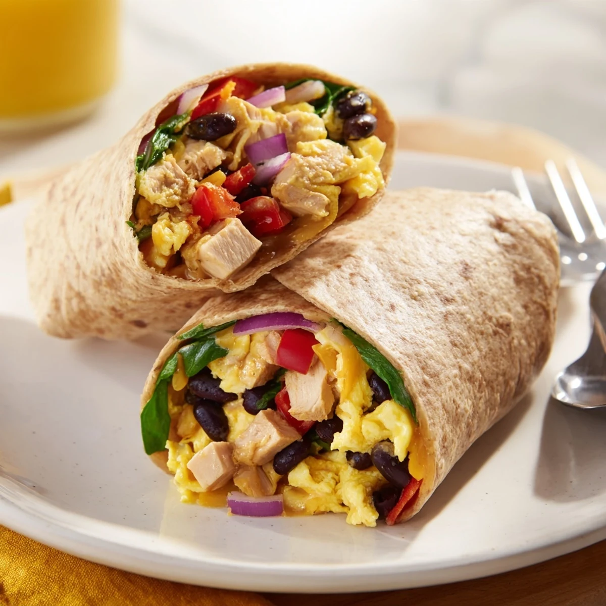 Protein Breakfast Burrito with melted cheddar, turkey, spinach steaming on plate