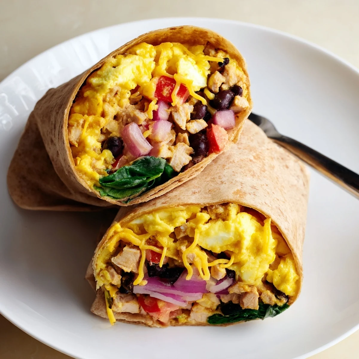 Hearty Protein Breakfast Burrito sliced open, fluffy scrambled eggs and salsa