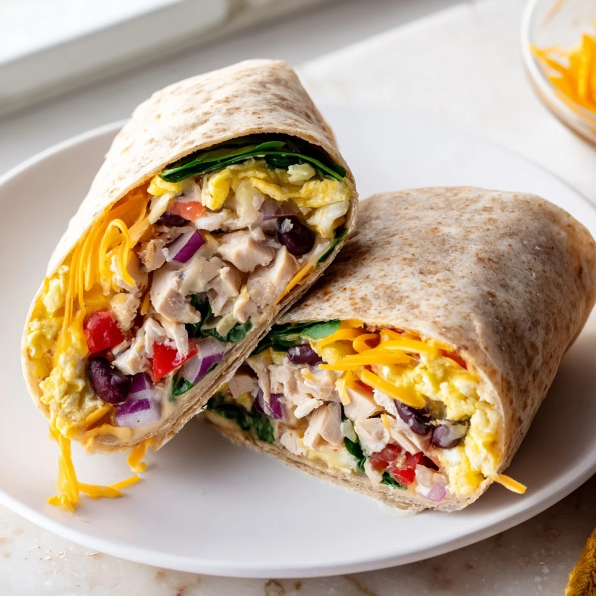 Warm Protein Breakfast Burrito wrapped in whole wheat tortilla, black beans peeking