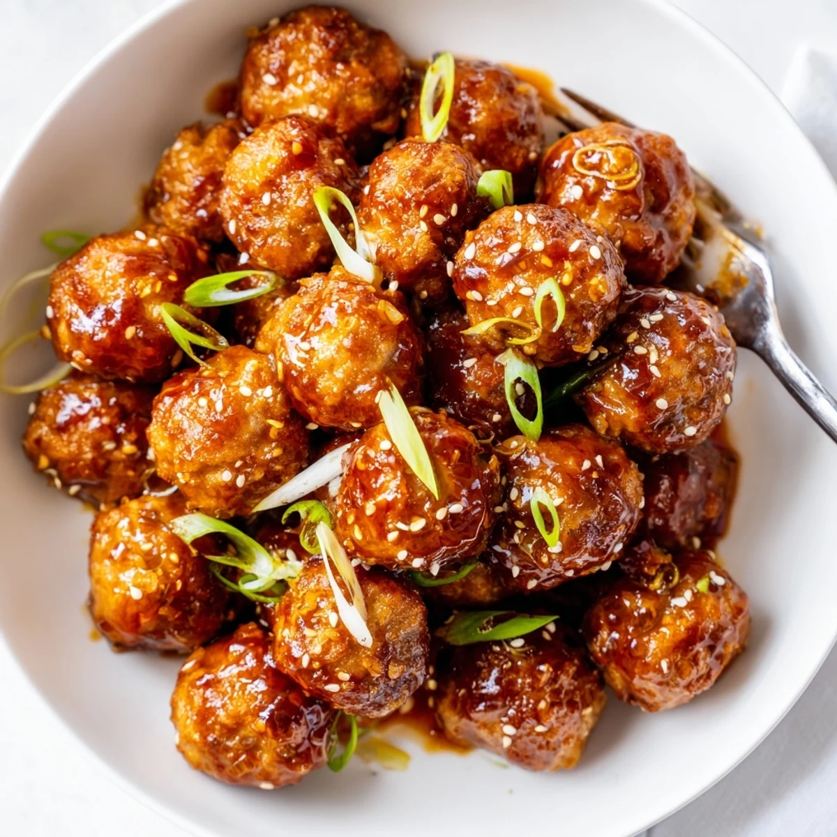 Firecracker Meatballs served over steaming rice with scallions and crunchy veggies  