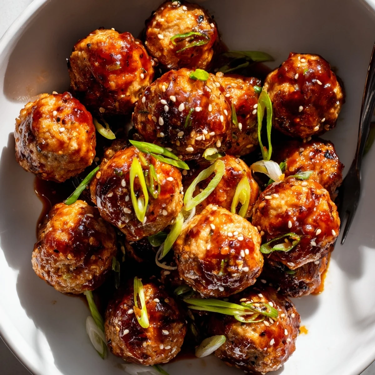 Firecracker Meatballs glazed in glossy spicy and sweet sauce, topped with sesame  