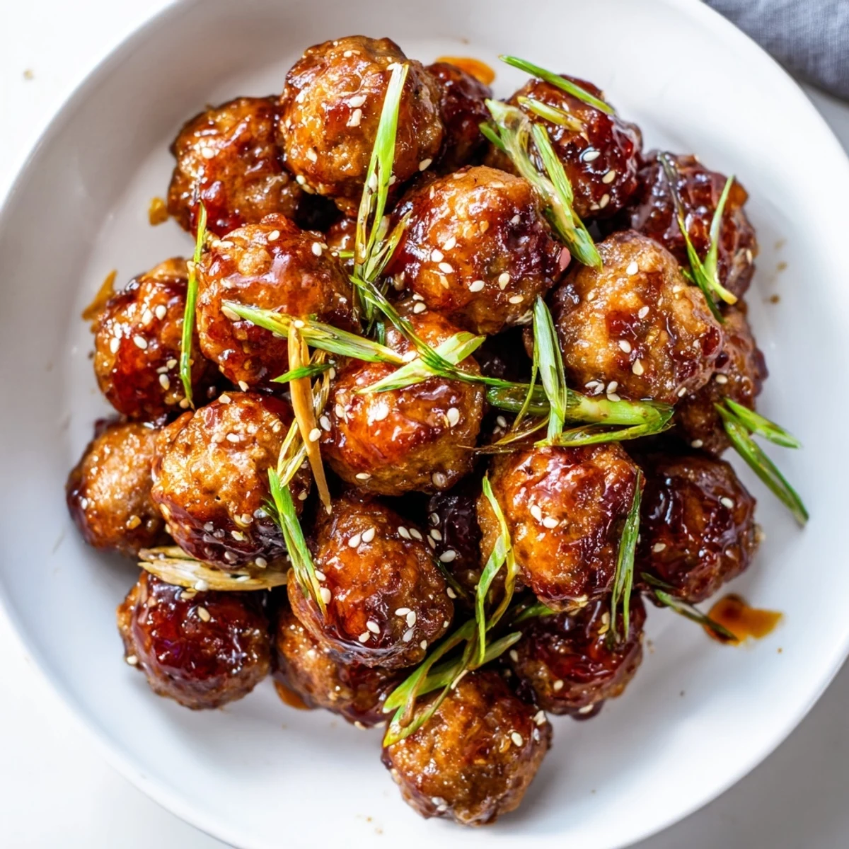 Baked Firecracker Meatballs tossed in buttery tangy hot sauce, garnished with scallions