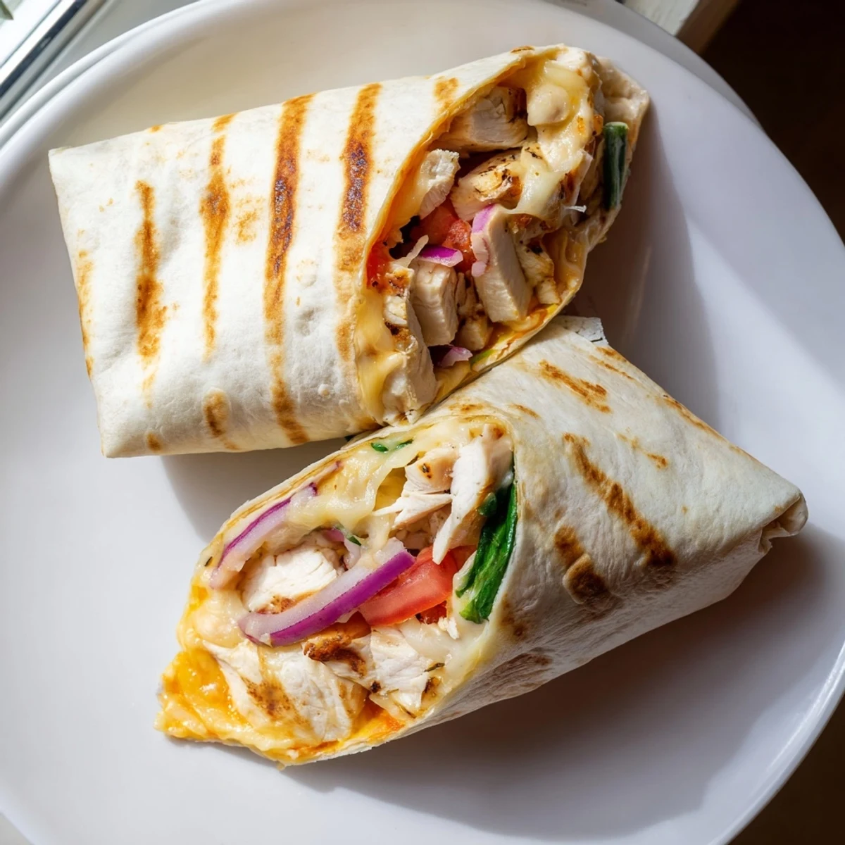 Cozy Cheesy Garlic Chicken Wraps with golden grilled crust and gooey cheese