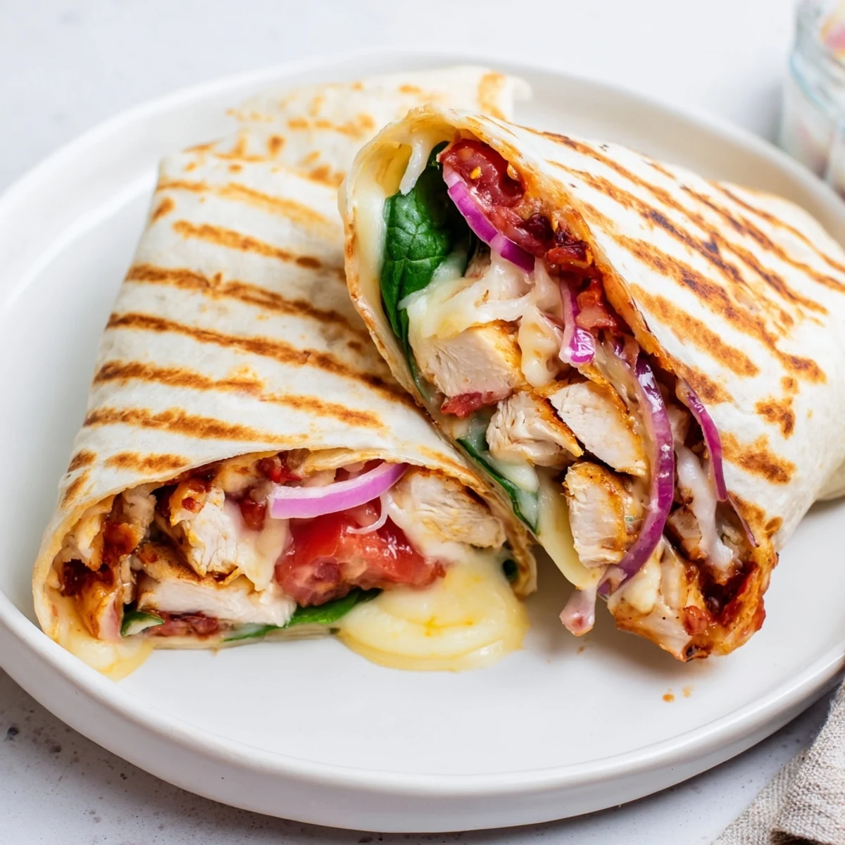 Sliced Cozy Cheesy Garlic Chicken Wraps steaming on plate, tender filling and spinach