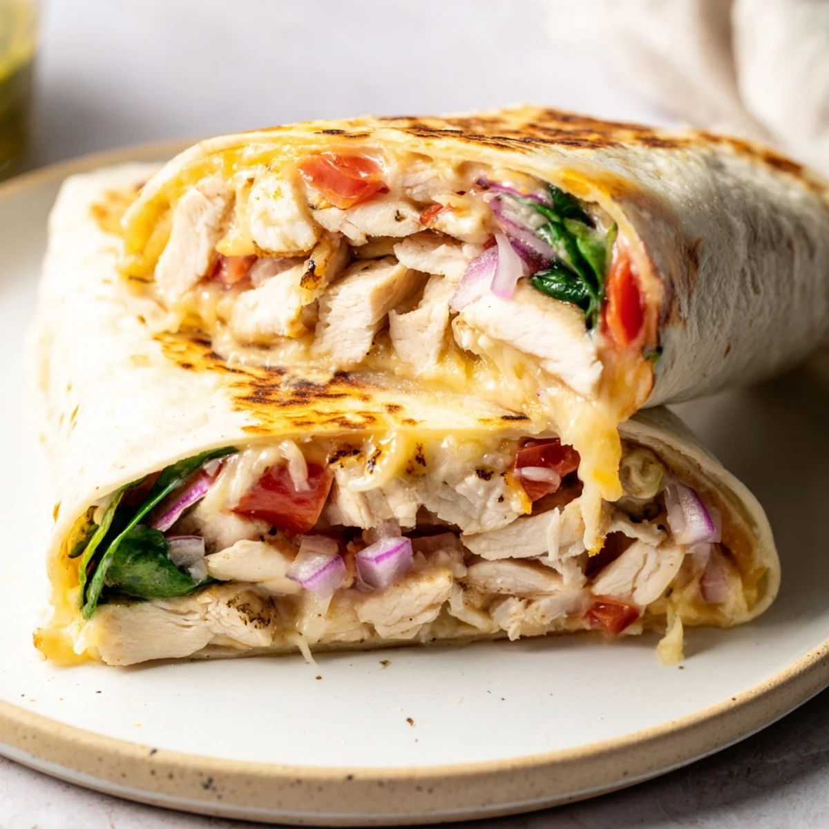 Buttery skillet grilled Cozy Cheesy Garlic Chicken Wraps, garlicky aroma and melted cheese