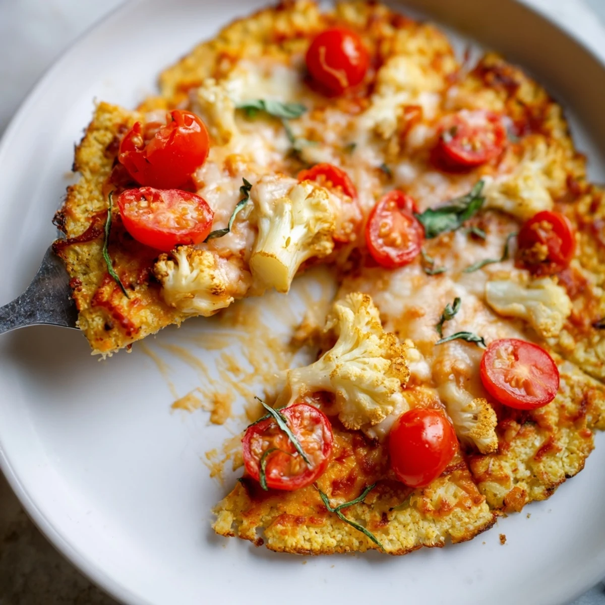 Stone Baked Cheesy Cauliflower Keto Pizza with bubbling, golden mozzarella and basil  