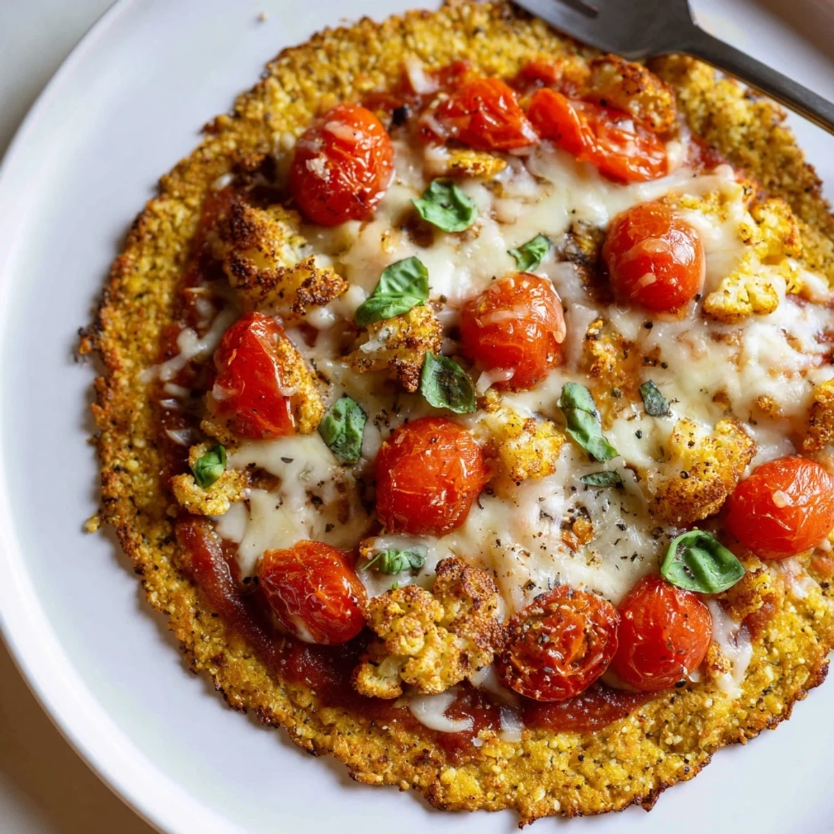 Freshly sliced Stone Baked Cheesy Cauliflower Keto Pizza on parchment, steam rising  