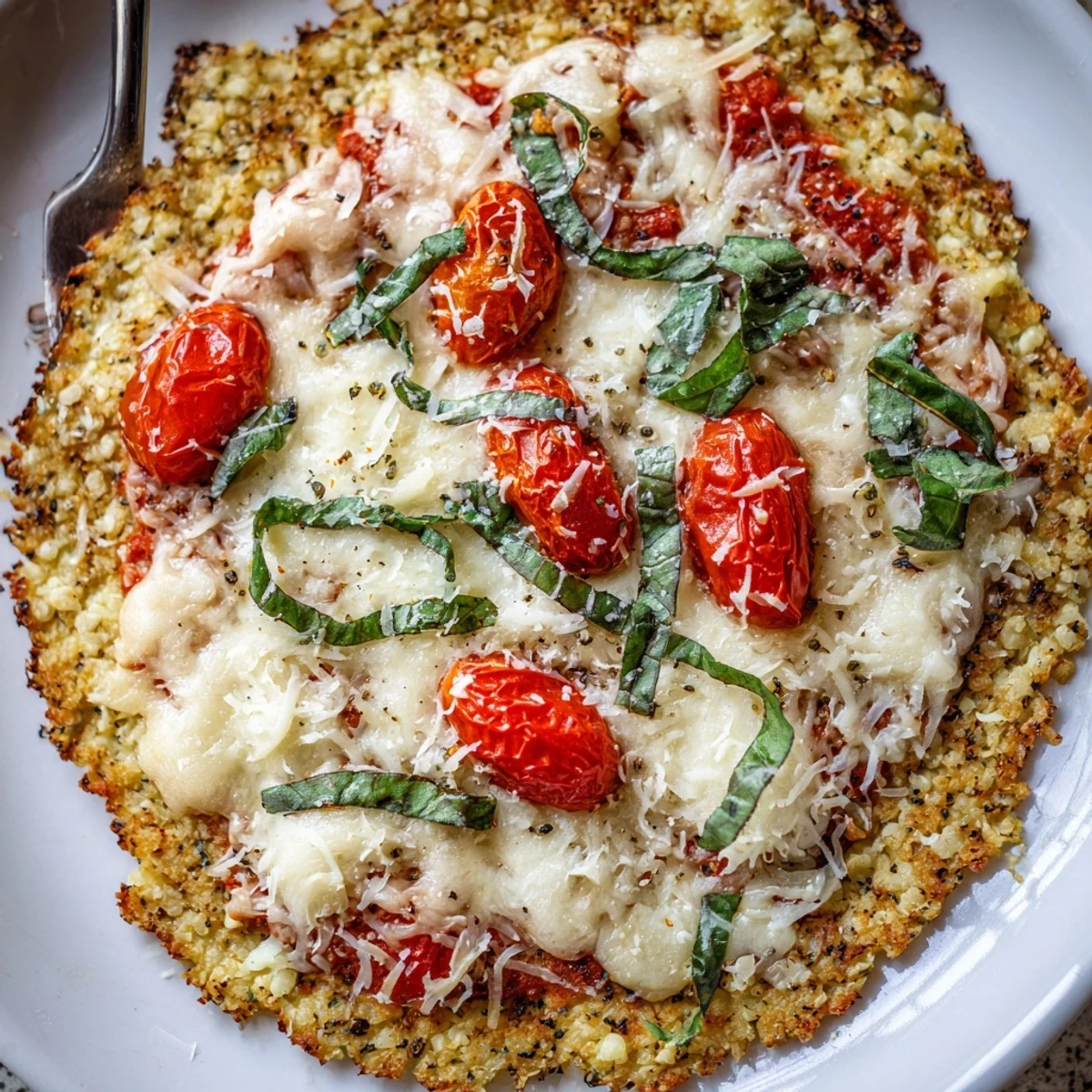Stone Baked Cheesy Cauliflower Keto Pizza showing crispy cauliflower crust and gooey cheese
