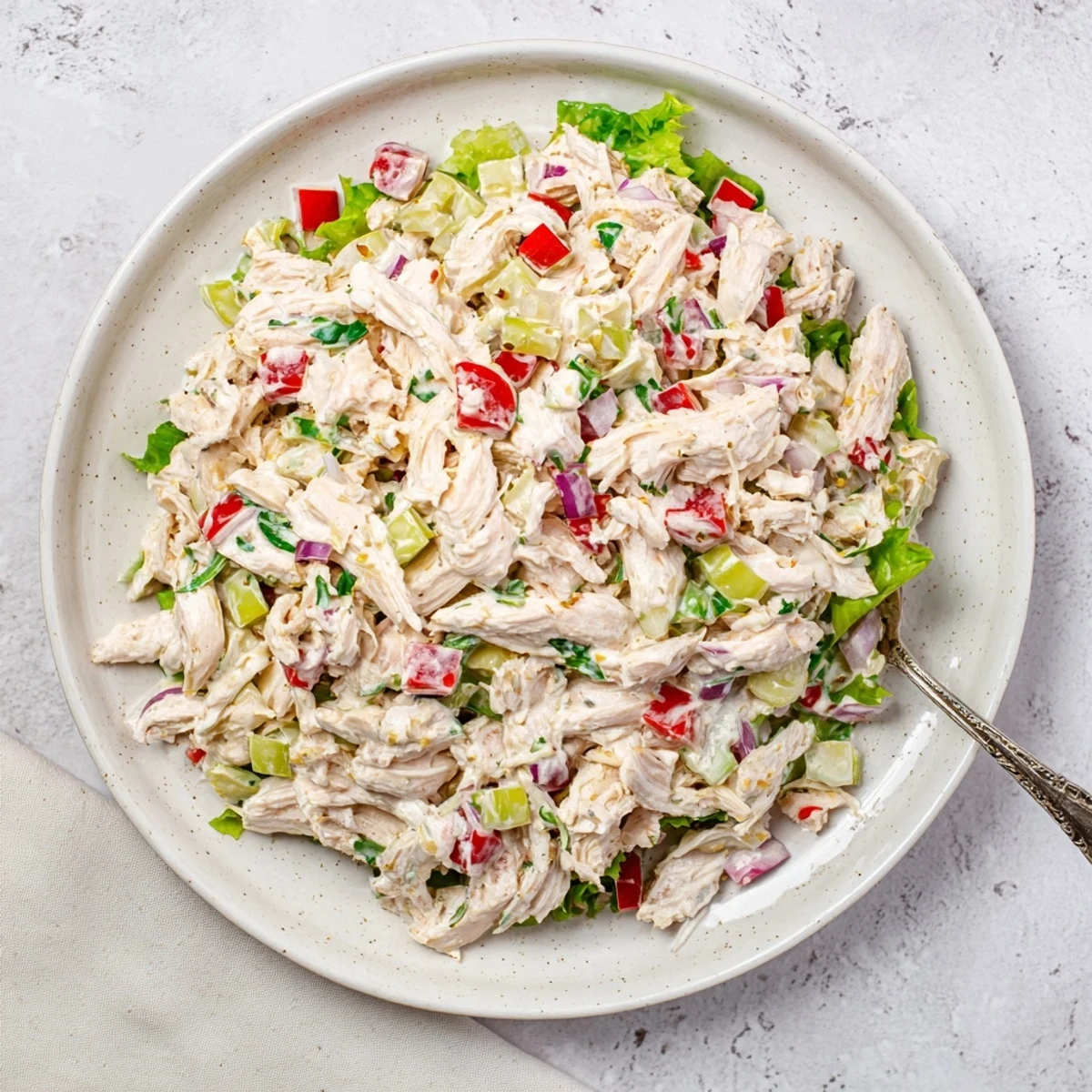 High Protein Pepperoncini Chicken Salad with creamy Greek yogurt and crisp celery