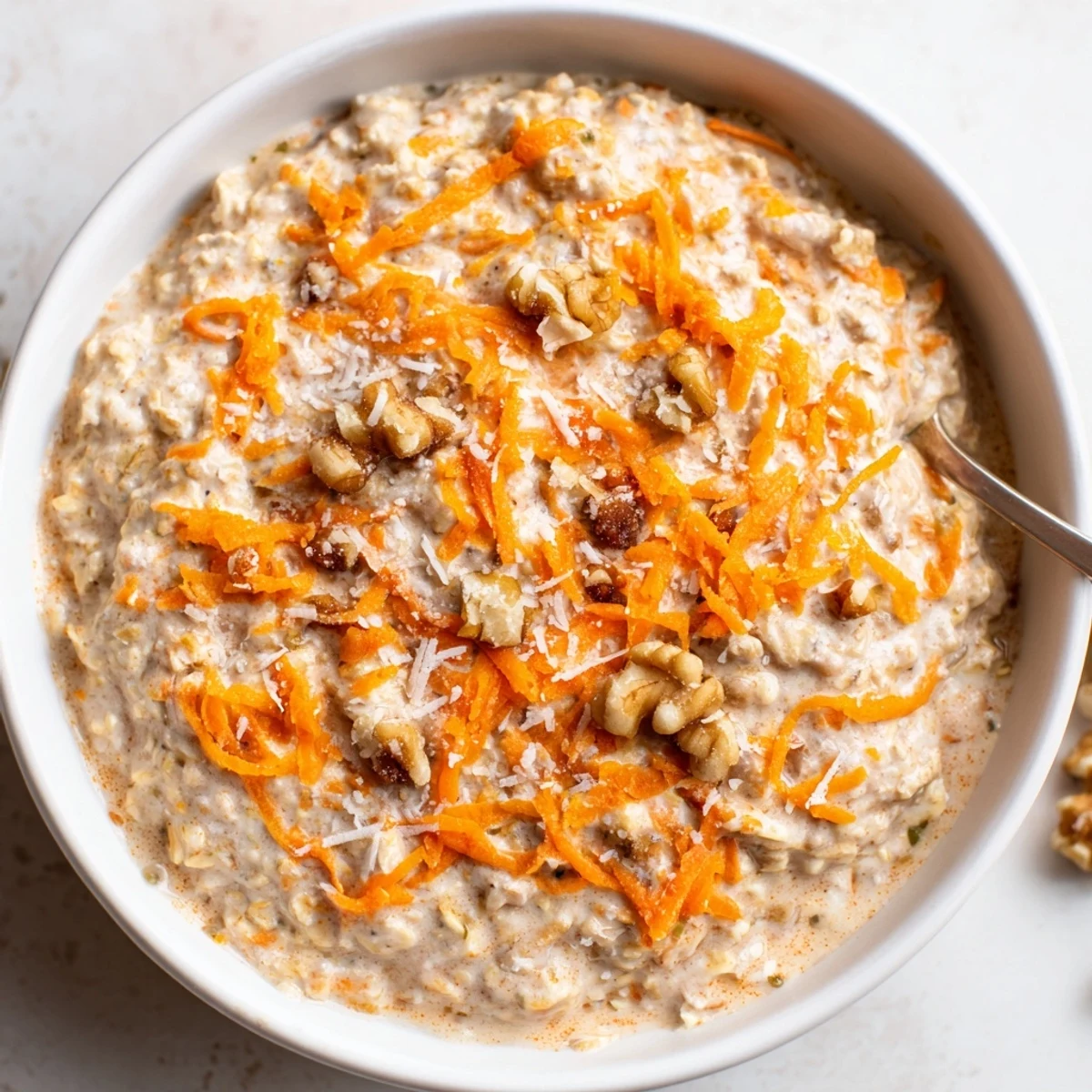 Carrot Cake Overnight Oats creamy jar topped with chopped walnuts and maple
