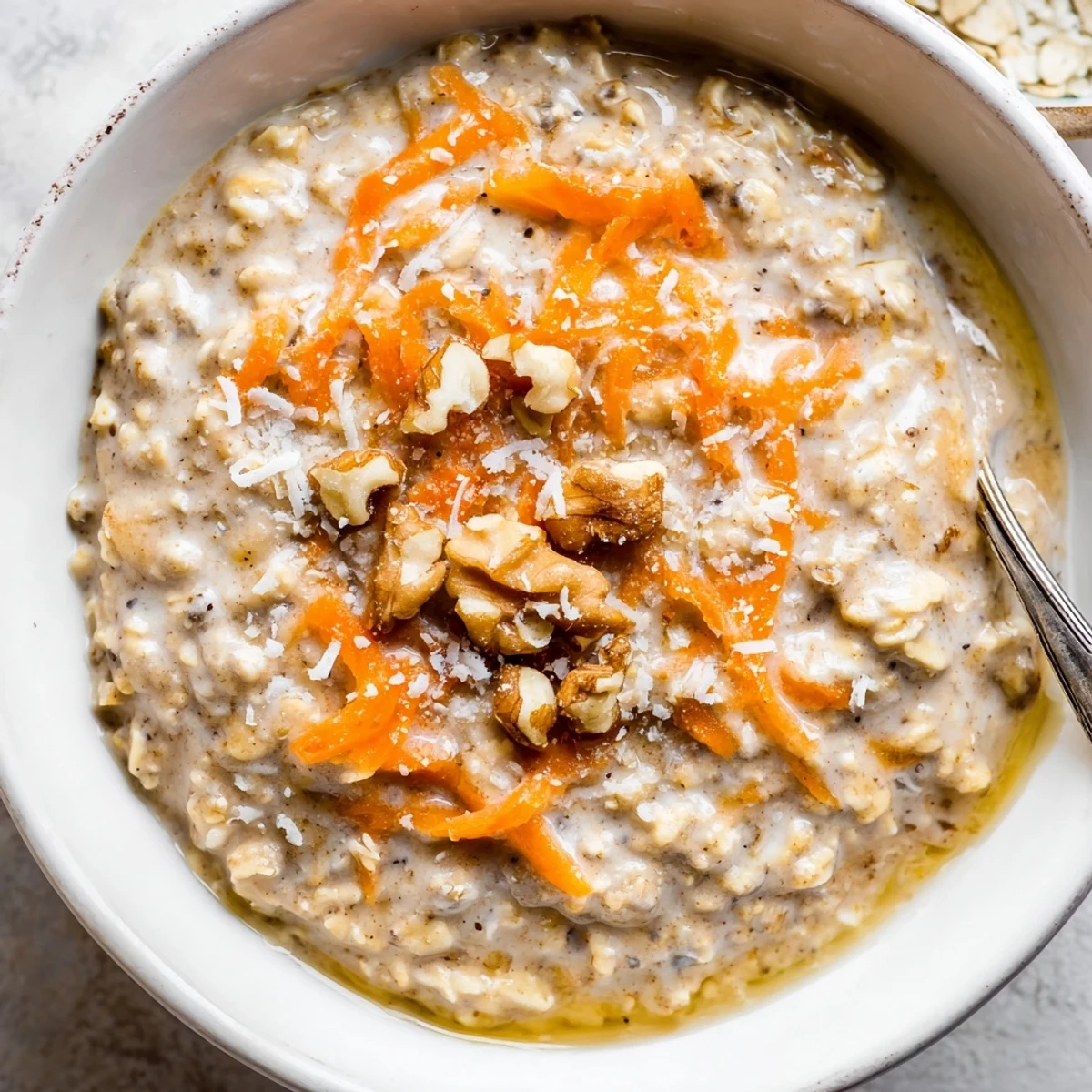 Hearty Carrot Cake Overnight Oats, chilled and served with coconut and extra syrup